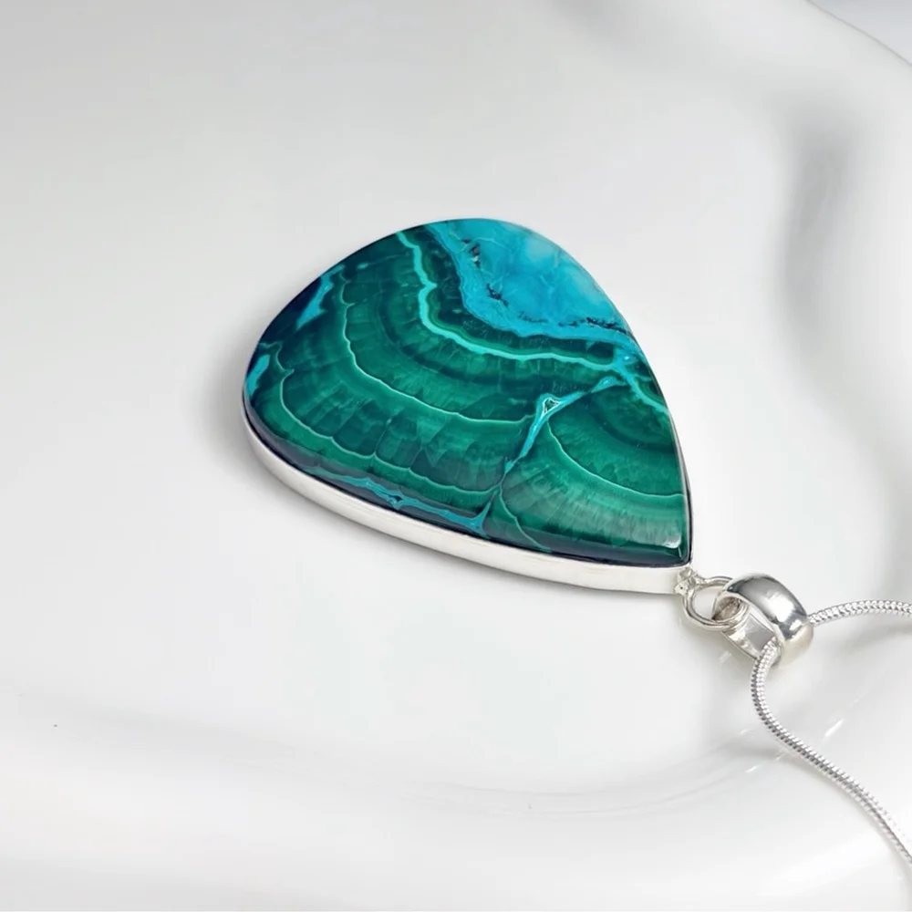 Pure Sterling Silver 925 XL Top Quality Malachite Chrysocolla Pendant Pear New
